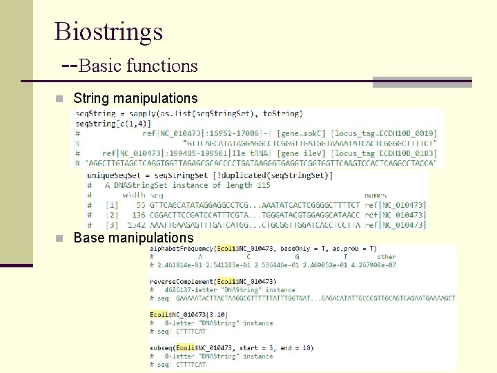 Biostrings --Basic functions n String manipulations n Base manipulations 