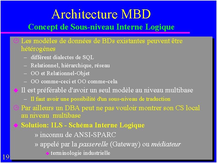 Architecture MBD Concept de Sous-niveau Interne Logique ¸ Les modèles de données de BDs