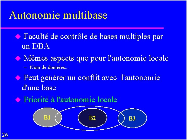 Autonomie multibase u Faculté de contrôle de bases multiples par un DBA u Mêmes