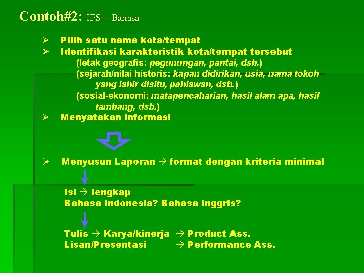 Contoh#2: IPS + Bahasa Ø Pilih satu nama kota/tempat Identifikasi karakteristik kota/tempat tersebut (letak