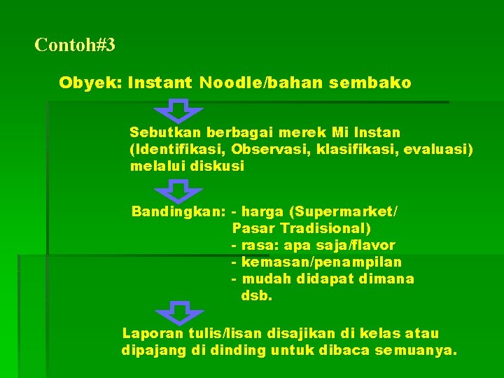 Contoh#3 Obyek: Instant Noodle/bahan sembako Sebutkan berbagai merek Mi Instan (Identifikasi, Observasi, klasifikasi, evaluasi)