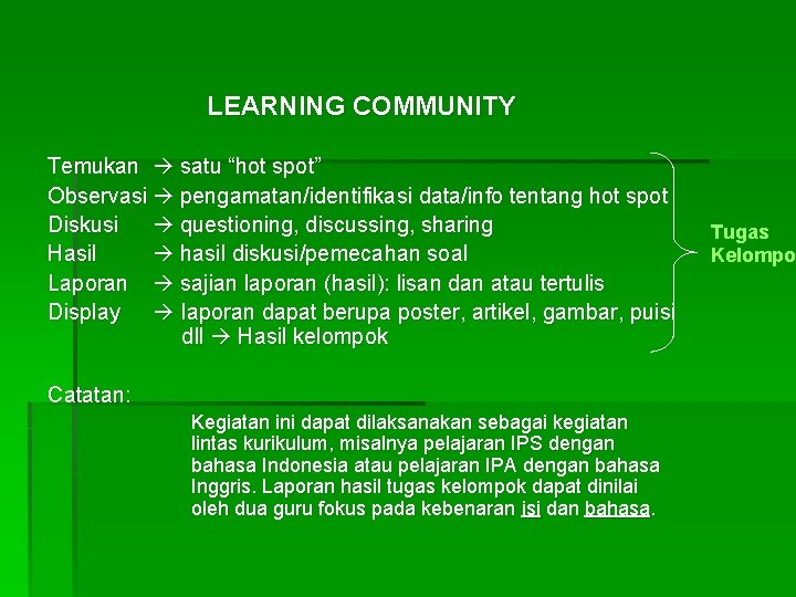 LEARNING COMMUNITY Temukan satu “hot spot” Observasi pengamatan/identifikasi data/info tentang hot spot Diskusi questioning,