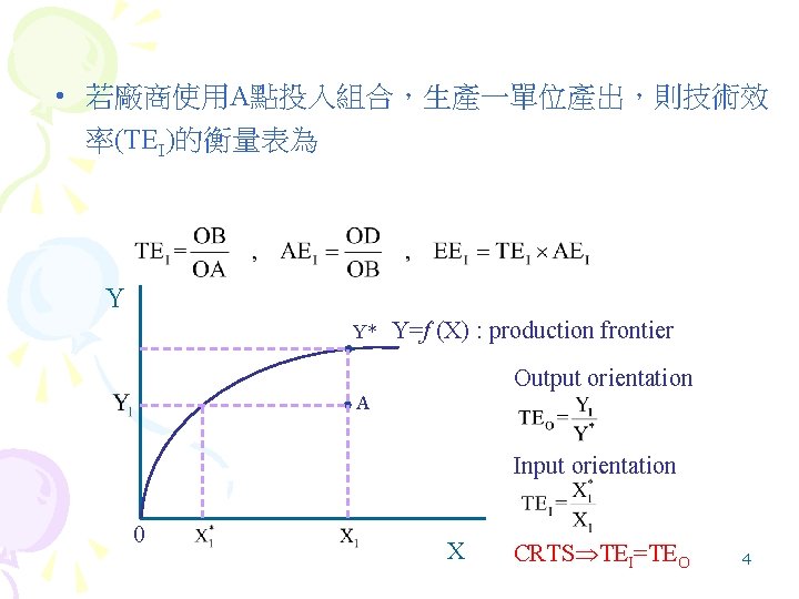  • 若廠商使用A點投入組合，生產一單位產出，則技術效 率(TEI)的衡量表為 Y Y* Y=f (X) : production frontier Output orientation A