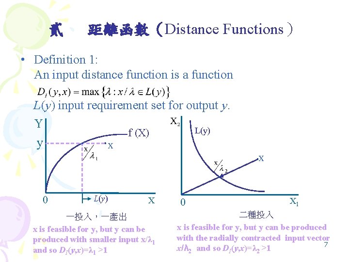 貳、 距離函數（Distance Functions） • Definition 1: An input distance function is a function L(y)
