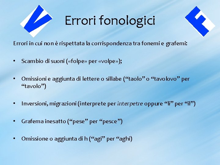 Errori fonologici Errori in cui non è rispettata la corrispondenza tra fonemi e grafemi: