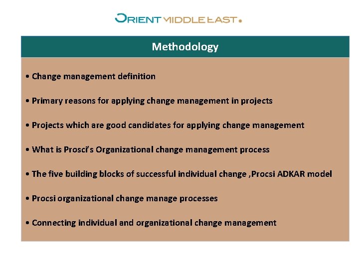 Methodology • Change management definition • Primary reasons for applying change management in projects