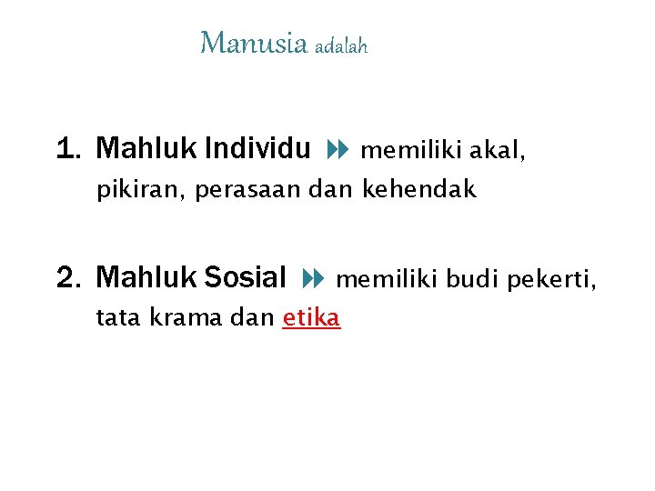 Manusia adalah 1. Mahluk Individu memiliki akal, pikiran, perasaan dan kehendak 2. Mahluk Sosial