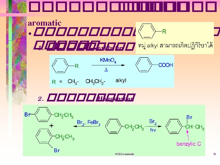 ������ aromatic • ��������� 1. ����� oxidation 2. ����� Halogenation 403221 -aromatic 32 