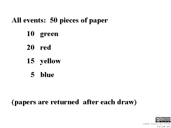 All events: 50 pieces of paper 10 green 20 red 15 yellow 5 blue