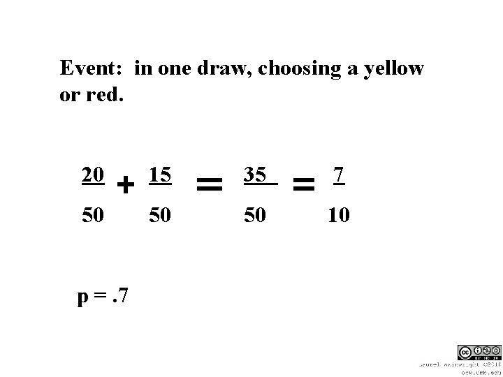 Event: in one draw, choosing a yellow or red. 20 15 35 7 50