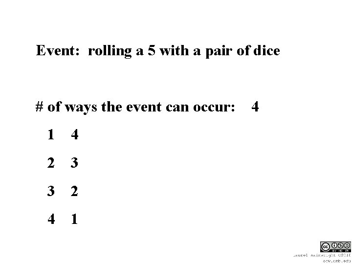 Event: rolling a 5 with a pair of dice # of ways the event