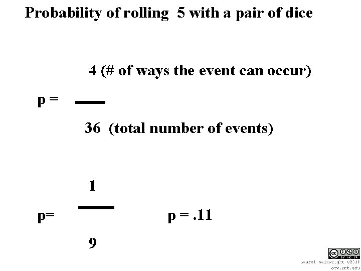 Probability of rolling 5 with a pair of dice 4 (# of ways the