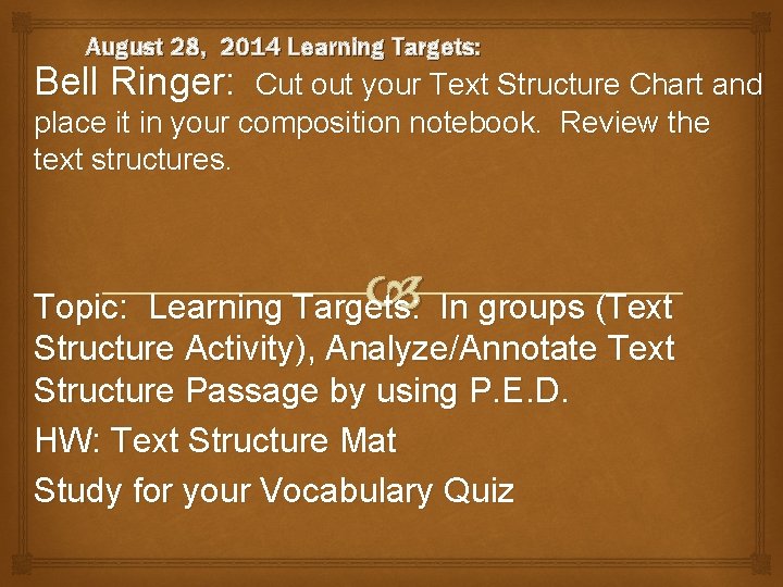 August 28, 2014 Learning Targets: Bell Ringer: Cut out your Text Structure Chart and