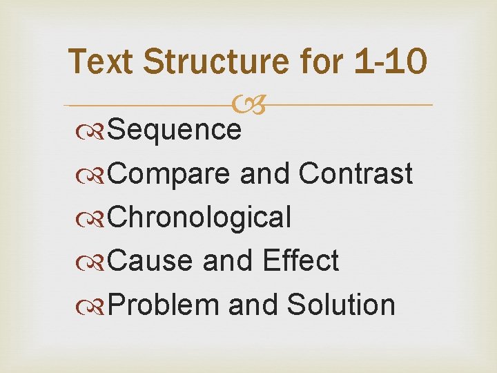 Text Structure for 1 -10 Sequence Compare and Contrast Chronological Cause and Effect Problem