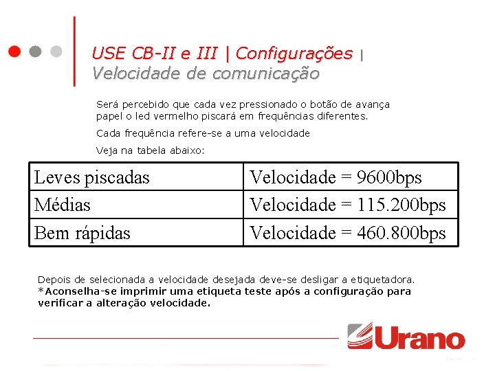 USE CB-II e III | Configurações Velocidade de comunicação | Será percebido que cada