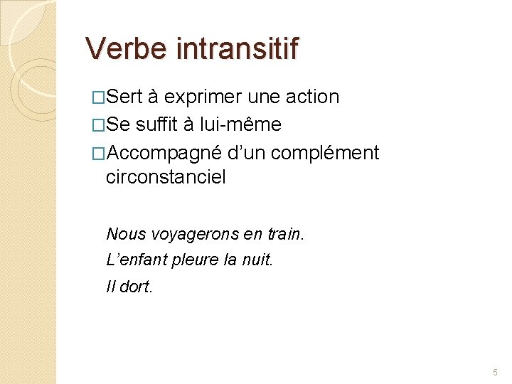 Verbe intransitif �Sert à exprimer une action �Se suffit à lui-même �Accompagné d’un complément Verbe intransitif �Sert à exprimer une action �Se suffit à lui-même �Accompagné d’un complément