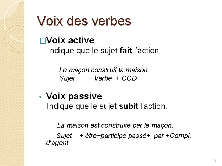 Voix des verbes �Voix active indique le sujet fait l’action. Le maçon construit la Voix des verbes �Voix active indique le sujet fait l’action. Le maçon construit la