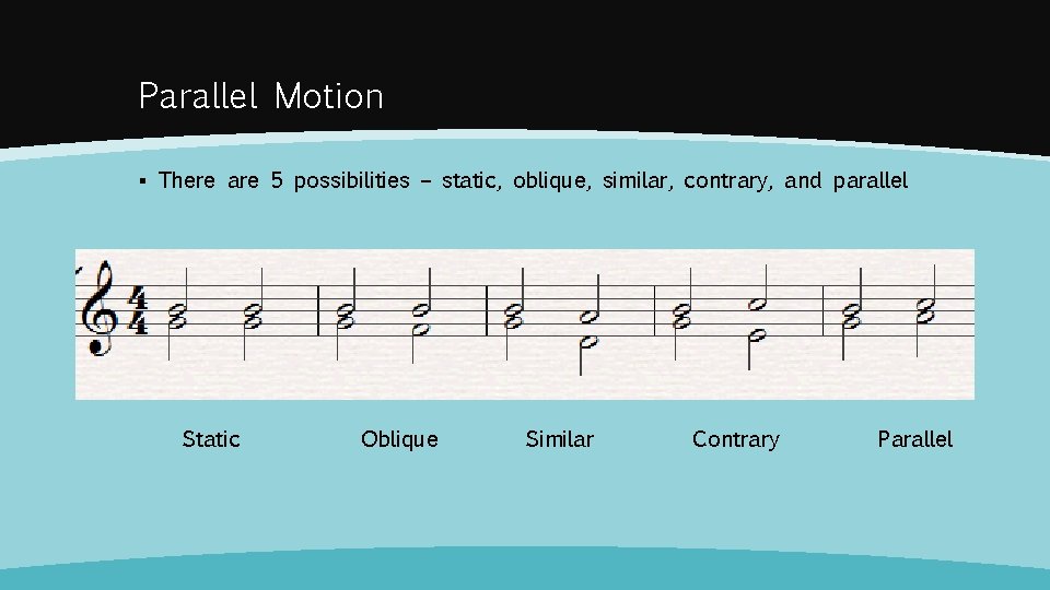 Parallel Motion ▪ There are 5 possibilities – static, oblique, similar, contrary, and parallel