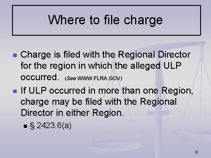 Where to file charge n n Charge is filed with the Regional Director for