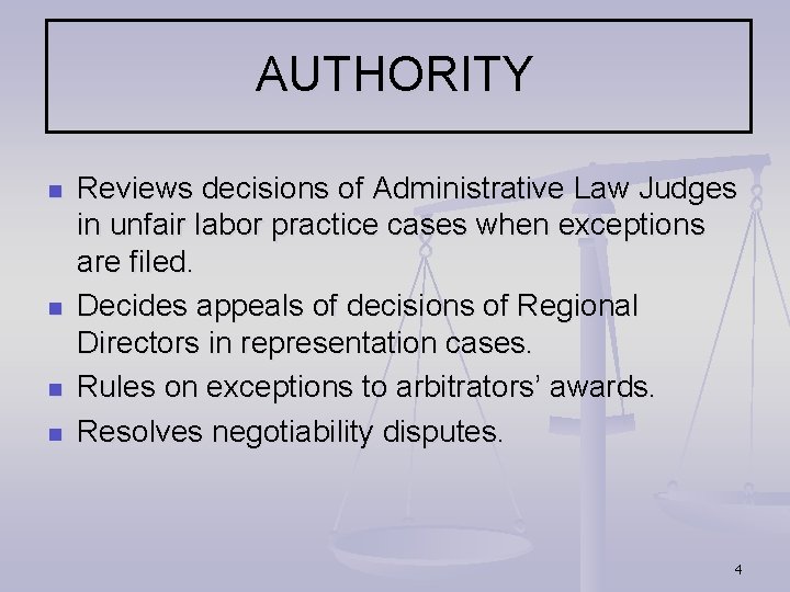 AUTHORITY n n Reviews decisions of Administrative Law Judges in unfair labor practice cases