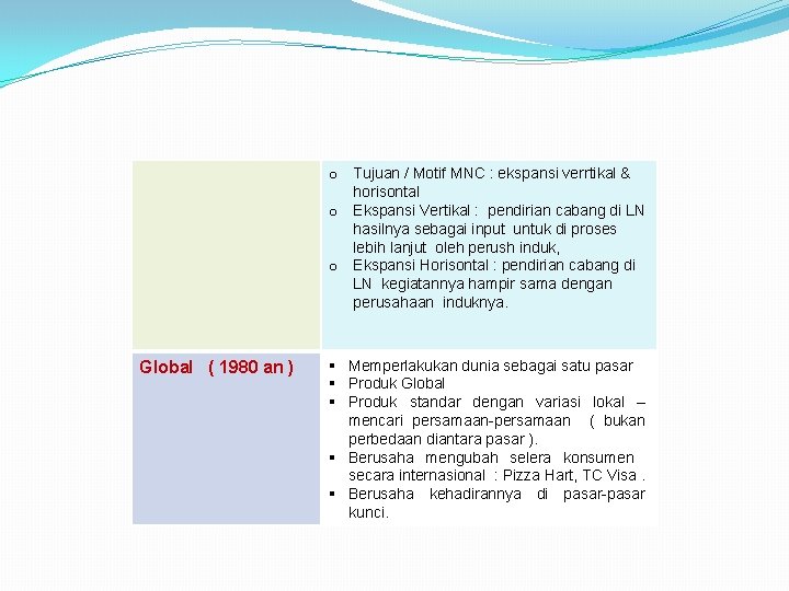 o Tujuan / Motif MNC : ekspansi verrtikal & horisontal o Ekspansi Vertikal :