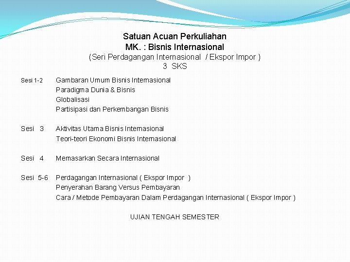 Satuan Acuan Perkuliahan MK. : Bisnis Internasional (Seri Perdagangan Internasional / Ekspor Impor )