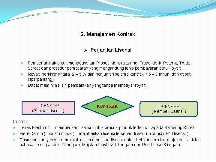 2. Manajemen Kontrak A. Perjanjian Lisensi § § § Pemberian hak untuk menggunakan Proses