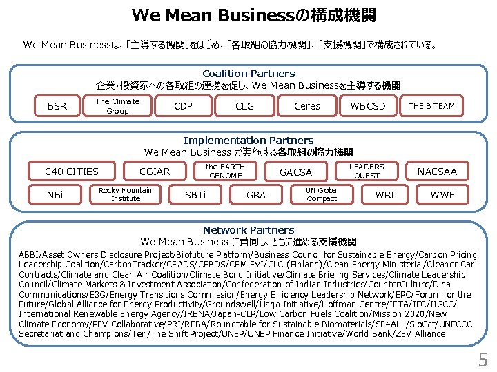 We Mean Businessの構成機関 　We Mean Businessは、「主導する機関」をはじめ、「各取組の協力機関」、「支援機関」で構成されている。 Coalition Partners 企業・投資家への各取組の連携を促し、We Mean Businessを主導する機関 BSR The Climate