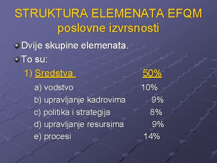 STRUKTURA ELEMENATA EFQM poslovne izvrsnosti Dvije skupine elemenata. To su: 1) Sredstva a) vodstvo