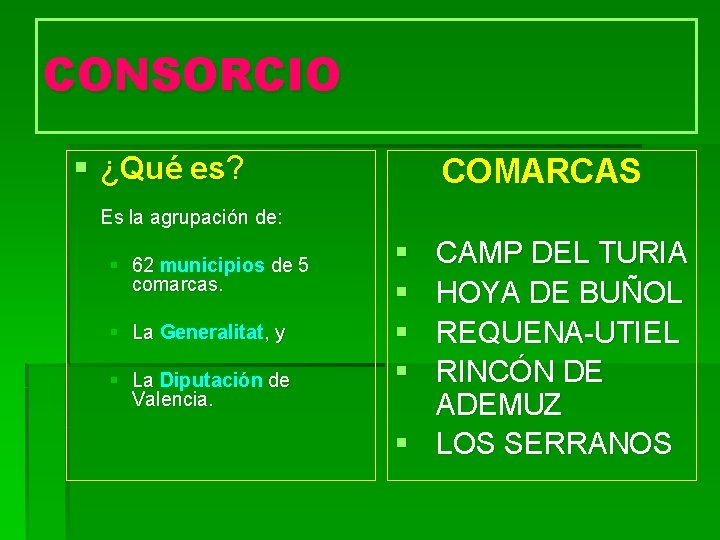 CONSORCIO § ¿Qué es? COMARCAS Es la agrupación de: § 62 municipios de 5