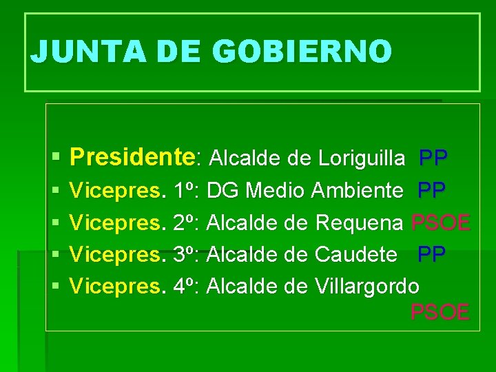 JUNTA DE GOBIERNO § Presidente: Alcalde de Loriguilla PP § § Vicepres. 1º: DG