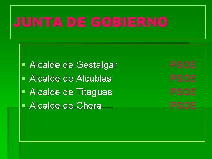 JUNTA DE GOBIERNO § § Alcalde de Gestalgar Alcalde de Alcublas Alcalde de Titaguas