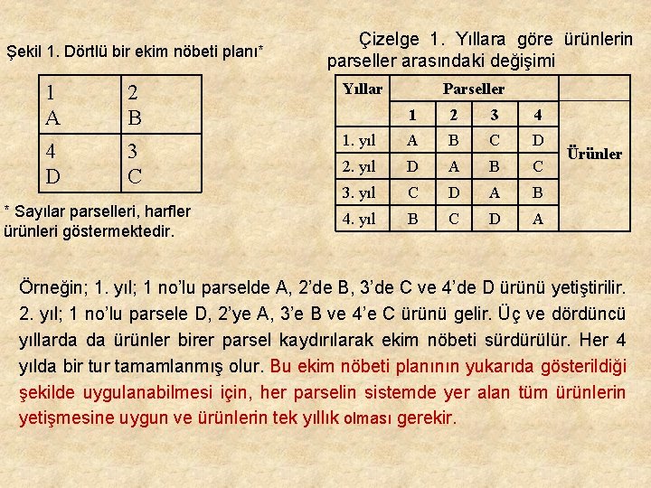 Şekil 1. Dörtlü bir ekim nöbeti planı* Çizelge 1. Yıllara göre ürünlerin parseller arasındaki