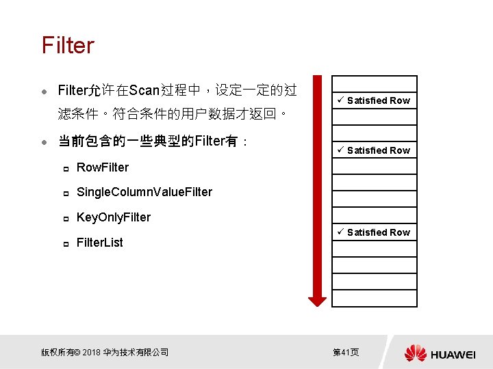 Filter l Filter允许在Scan过程中，设定一定的过 滤条件。符合条件的用户数据才返回。 l 当前包含的一些典型的Filter有： p Row. Filter p Single. Column. Value. Filter