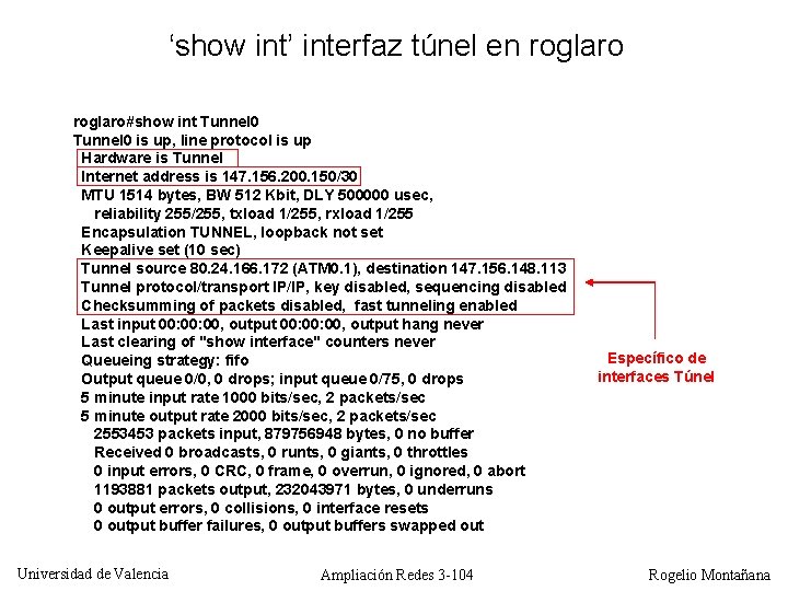 ‘show int’ interfaz túnel en roglaro#show int Tunnel 0 is up, line protocol is