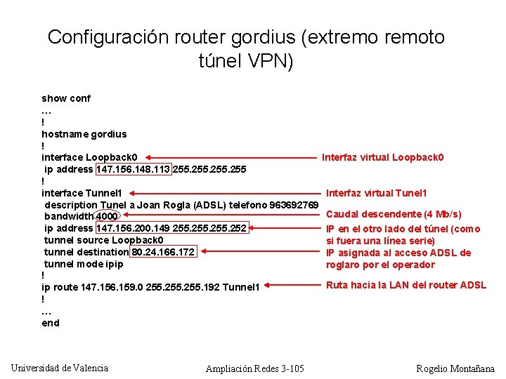 Configuración router gordius (extremoto túnel VPN) show conf … ! hostname gordius ! Interfaz