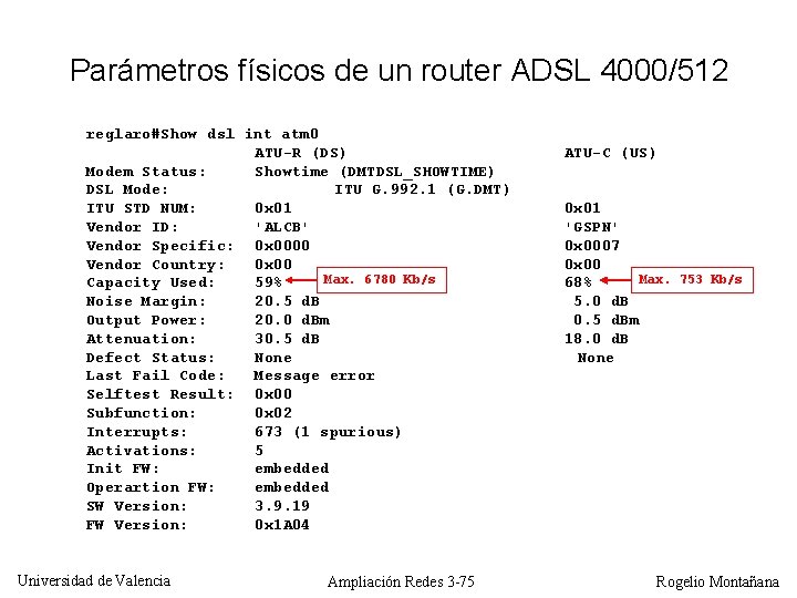 Parámetros físicos de un router ADSL 4000/512 reglaro#Show dsl int atm 0 ATU-R (DS)