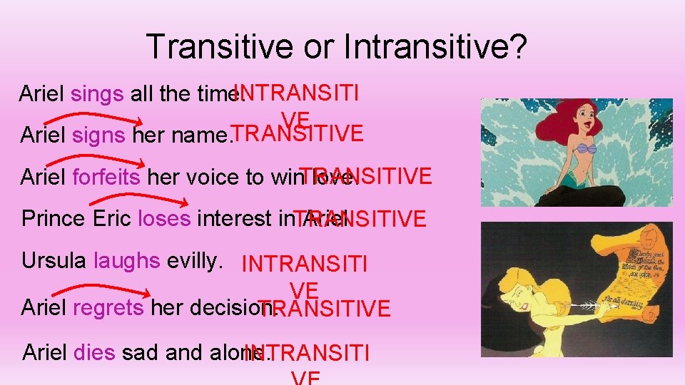 Transitive or Intransitive? INTRANSITI Ariel sings all the time. VE Ariel signs her name.