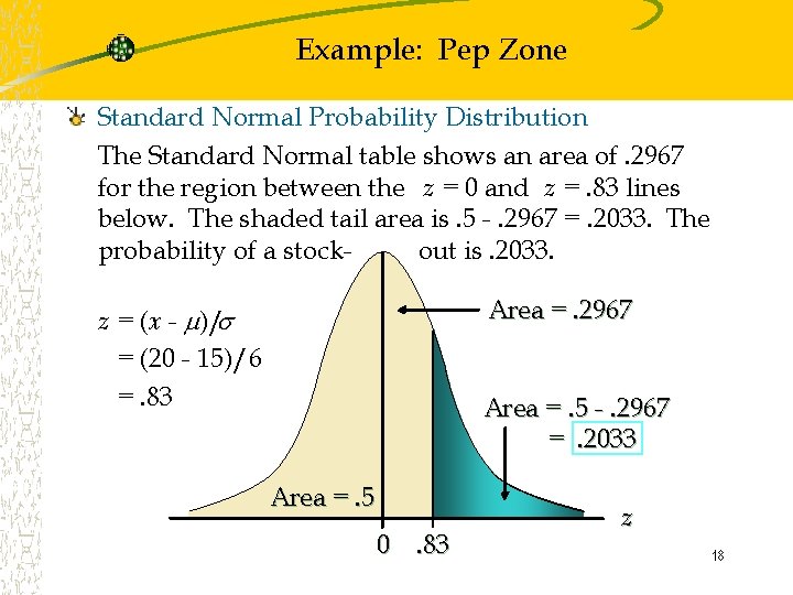 Example: Pep Zone Standard Normal Probability Distribution The Standard Normal table shows an area