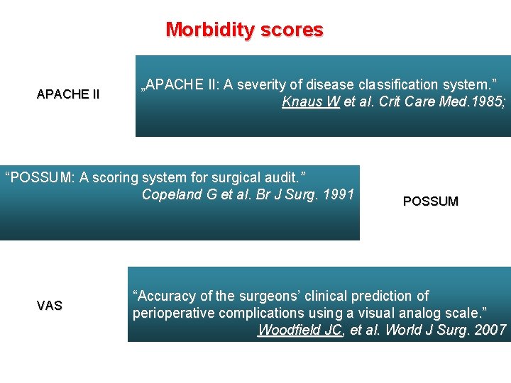 Morbidity scores APACHE II „APACHE II: A severity of disease classification system. ” Knaus