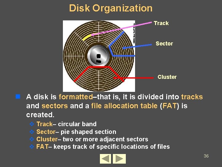 Disk Organization Track Sector Cluster n A disk is formatted–that is, it is divided Disk Organization Track Sector Cluster n A disk is formatted–that is, it is divided