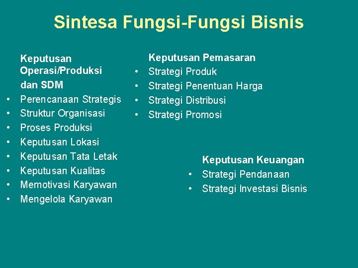 Sintesa Fungsi-Fungsi Bisnis • • Keputusan Operasi/Produksi dan SDM Perencanaan Strategis Struktur Organisasi Proses