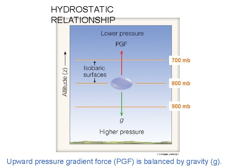 HYDROSTATIC RELATIONSHIP 700 mb 800 mb 900 mb Upward pressure gradient force (PGF) is