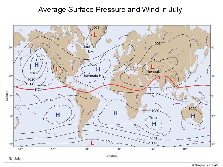 Average Surface Pressure and Wind in July 