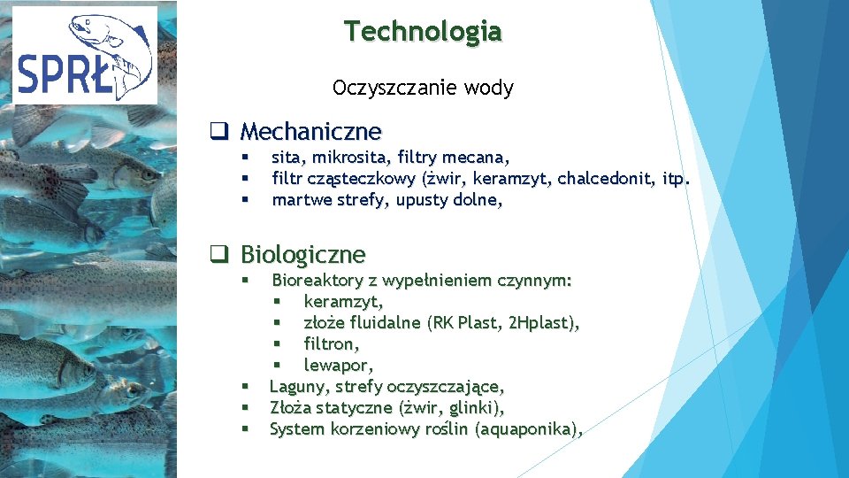 Technologia Oczyszczanie wody q Mechaniczne § § § sita, mikrosita, filtry mecana, filtr cząsteczkowy