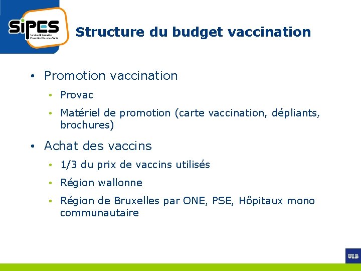 Structure du budget vaccination • Promotion vaccination • Provac • Matériel de promotion (carte