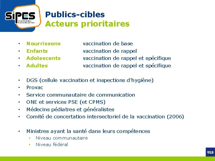 Publics-cibles Acteurs prioritaires • • Nourrissons Enfants Adolescents Adultes • • • DGS (cellule