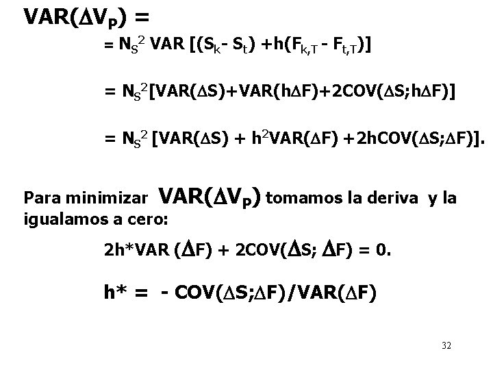 VAR( VP) = = N S 2 VAR [(Sk- St) +h(Fk, T - Ft,