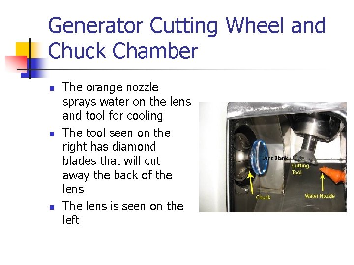 Generator Cutting Wheel and Chuck Chamber n n n The orange nozzle sprays water