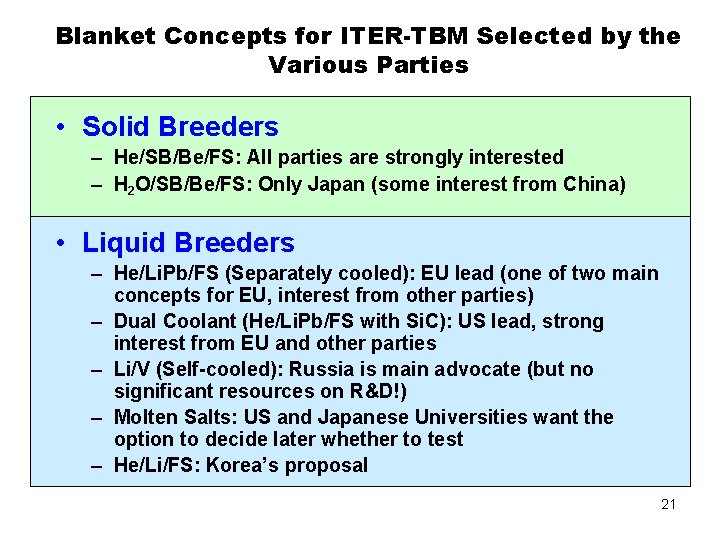 Blanket Concepts for ITER-TBM Selected by the Various Parties • Solid Breeders – He/SB/Be/FS: